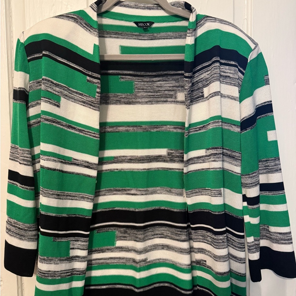 Misook Green and Black Striped Cardigan